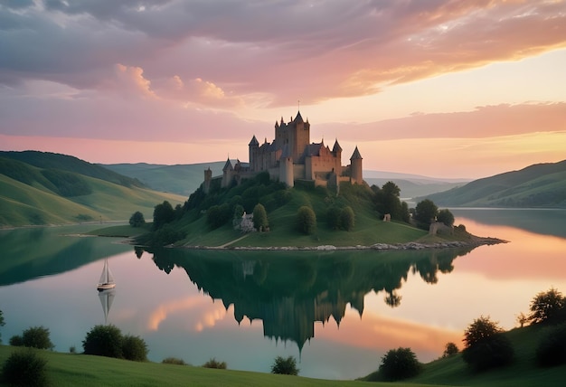 A medieval castle perched on a steep cliff overlooking a tranquil lake with a colourful