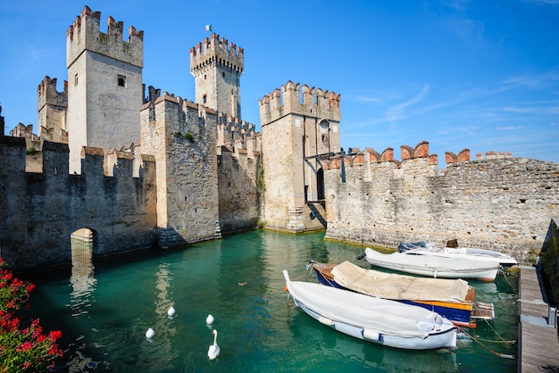 Medieval castle Scaliger in old town Sirmione on lake Lago di Garda, northern Italy