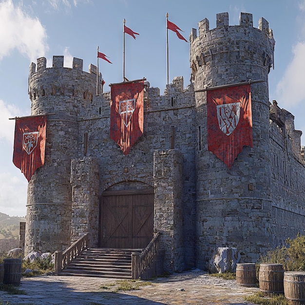 Photo a medieval castle with walls and towers from a fairytale kingdom with vintage arched windows balconies and turrets with flags