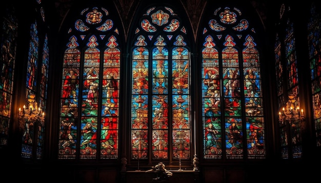 Medieval chapel stained glass illuminates vibrant history generated by AI