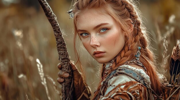 Medieval charm of a beautiful woman hunter in the wild with a bow background wallpaper AI generated image