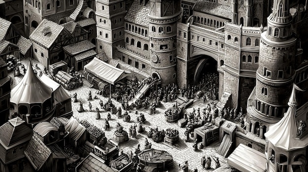 Photo medieval city market illustration black and white