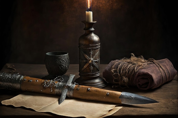 Medieval dagger ancient scroll and candles on old wooden table created with generative ai