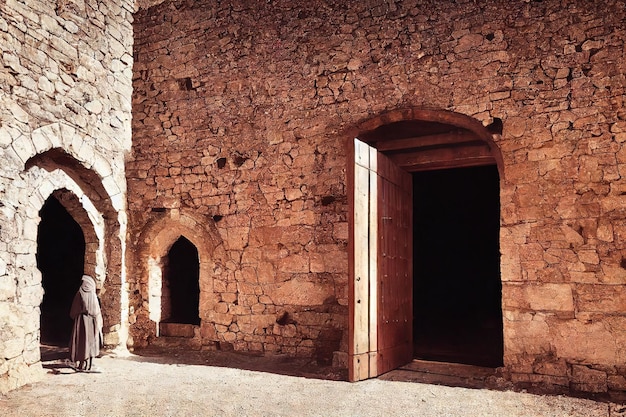 Medieval door in stone courtyard under scorching sun with monk in gray cloak