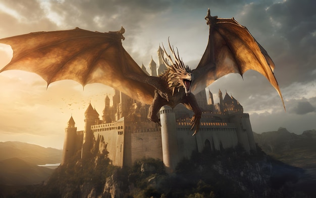 medieval dragon flying over a towering castle