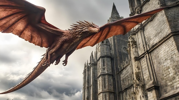 A medieval dragon flying over a towering castle