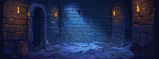 Medieval dungeon walls of stone bricks torches on the walls doors to the prison