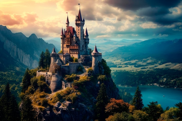 medieval fantasy castle on a big mountain