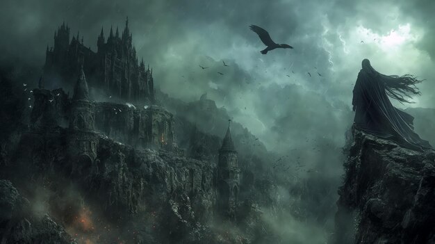 A medieval fantasy scene with a dark ominous atmosphere