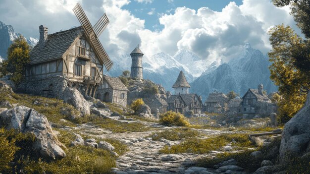 Medieval fantasy village nestled in a valley with stone cottages and windmills