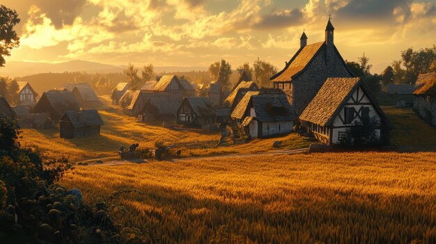 Medieval fantasy village at sunset with fields of golden wheat and stone cottages