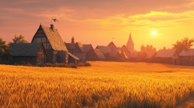 Medieval fantasy village at sunset with fields of golden wheat and stone cottages