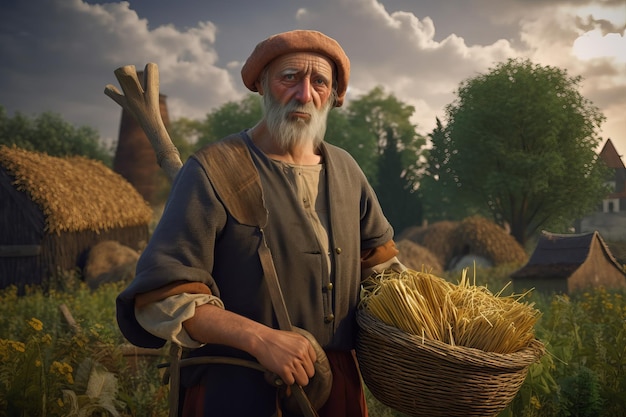 Medieval farmer with wheat basket Generate Ai