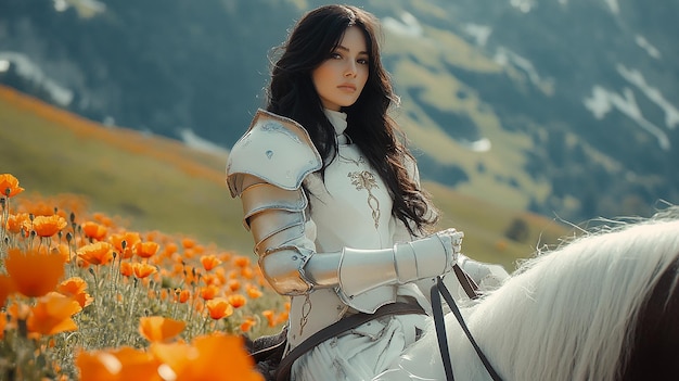 Photo medieval female knight riding horseback through a field of flowers with mountains in the background