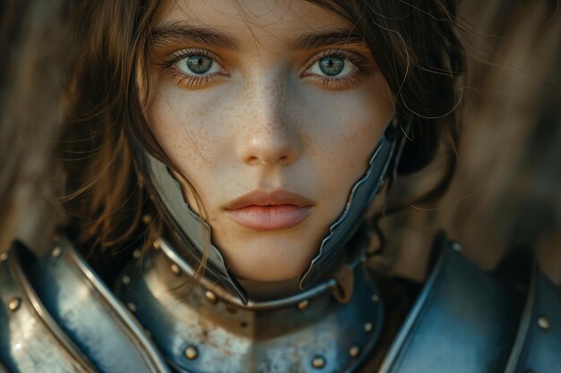 Medieval Female Warrior Portrait Intense Gaze and Armor Detail