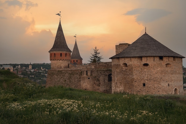 Medieval fortress at sunset and field with flowers