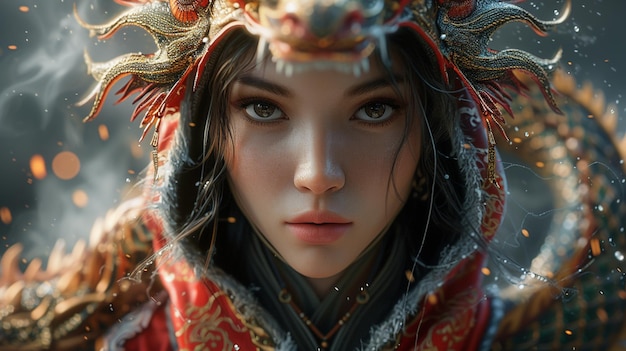 medieval hooded female assassin wearing Chinese dragon costume