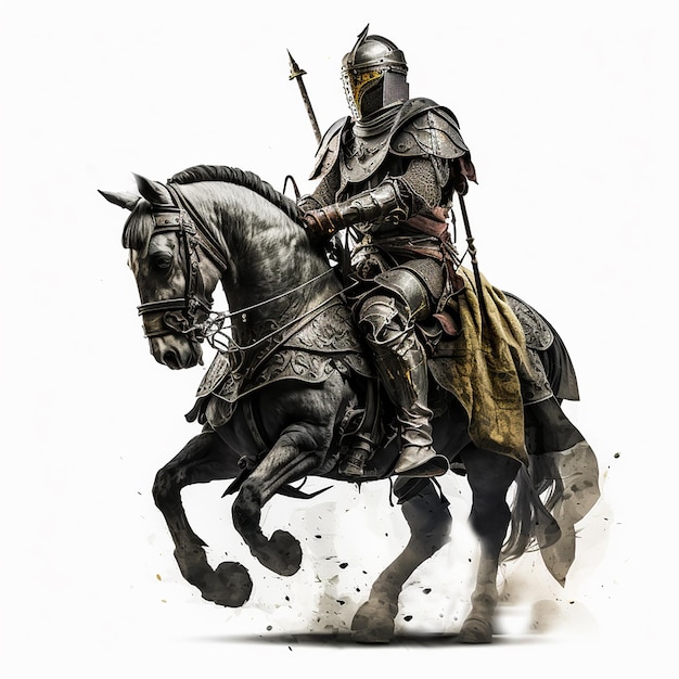 Medieval knight in ancient metal armor on a horse clothes of a medieval warrior armor helmet