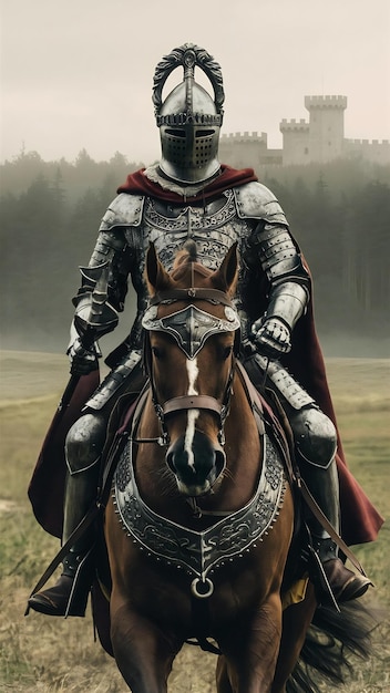 Medieval knight in ancient metal armor on a horse clothes of a medieval warrior armor helmet