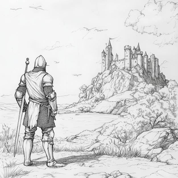 Photo medieval knight in armor on the background of the castle ink black and white drawing