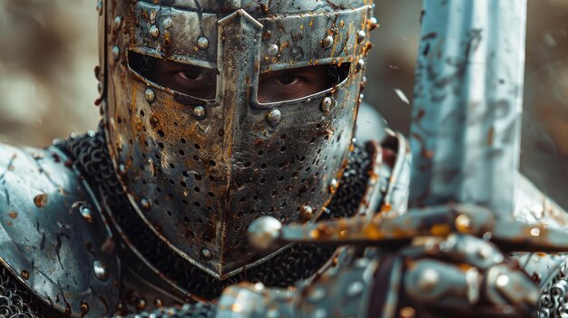 Medieval Knight in Armor Closeup with Sword