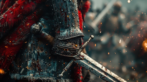 Photo medieval knight armor sword and blood splashes