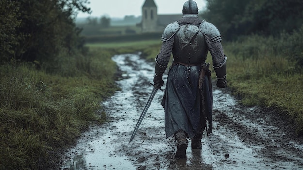 Medieval knight in armor with sword standing in muddy puddle