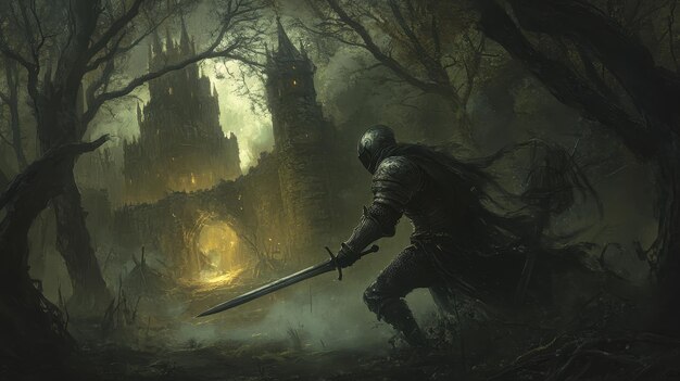 A medieval knight fighting in a dark forest with twisted trees fog creeping along the ground and the glow of a distant castle in the background