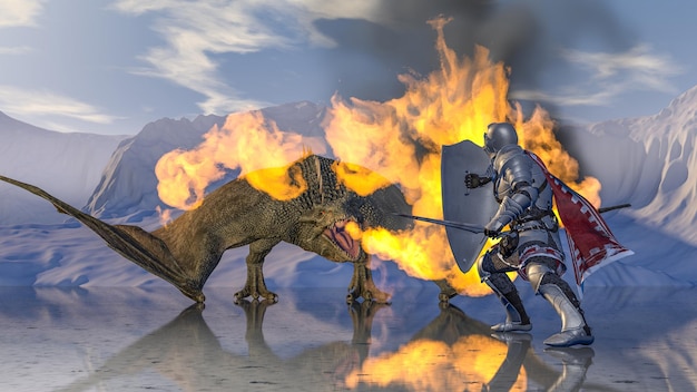 Medieval knight fights a firebreathing dragon in the background of snowy mountains on a reflective surface of a frozen lake 3d rendering