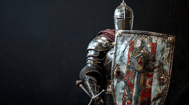 Photo a medieval knight in full armor stands with a sword and shield against a dark background