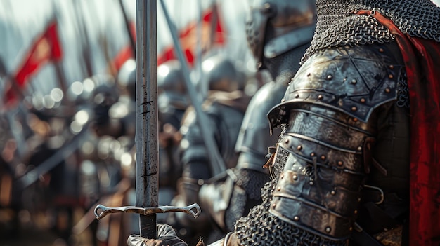 Medieval Knight Holding a Sword with Blurred Background