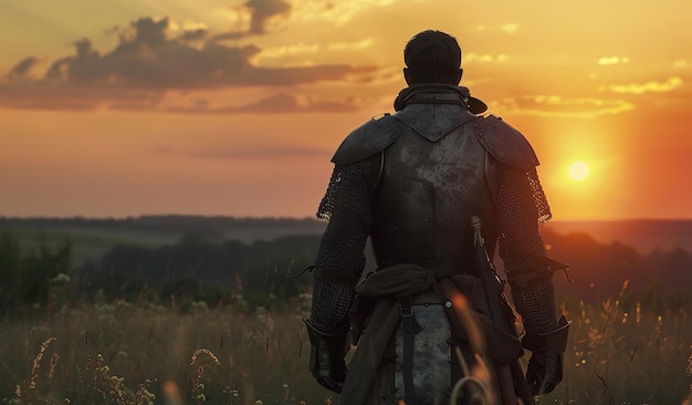 Medieval knight watching sunset over grassy field