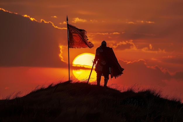 Medieval Knight with Banner at Sunset