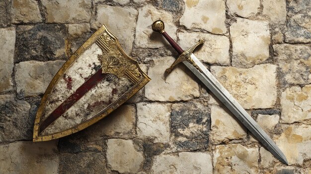 Photo medieval knights armor sword shield flat lay on stone 1