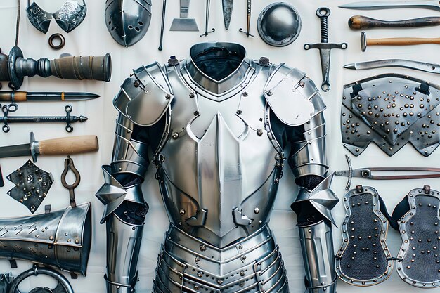 Photo medieval knights armor and weapons displayed on white background