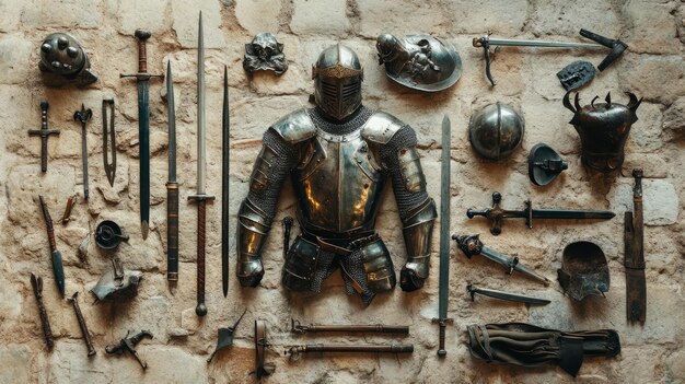 Photo medieval knights armor and weapons a flat lay display