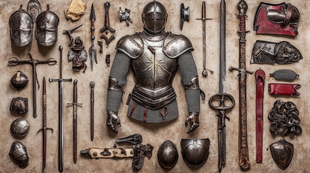 Photo medieval knights armor and weapons a flat lay on stone 12