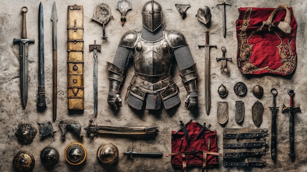 Medieval Knights Armor and Weapons A Flat Lay on Stone 13