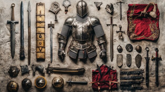 Photo medieval knights armor and weapons a flat lay on stone 13