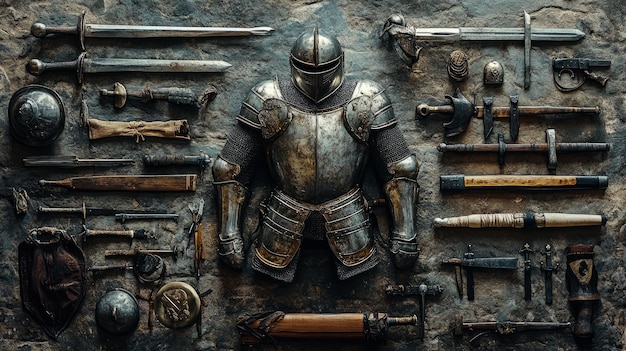 Medieval Knights Armor and Weapons A Flat Lay on Stone 9