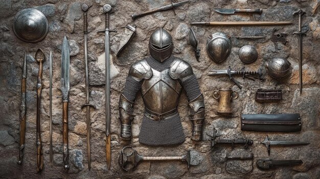 Photo medieval knights armor and weapons flat lay on stone floor 3