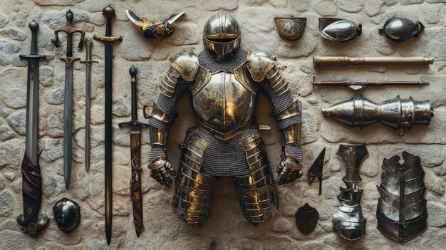 Medieval Knights Armor Weapons A Flat Lay on Stone