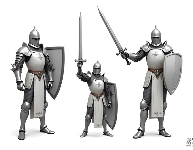 Medieval Knights in Full Armor Holding Swords and Shields