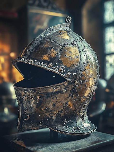 Photo medieval knights helmet displaying timeworn battle scars