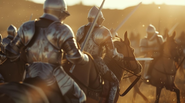 Medieval knights on horseback bathed in golden evening sunlight