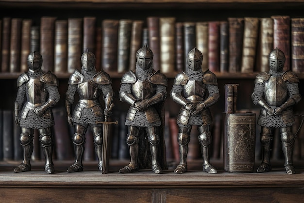 Photo medieval knights stand guard in a library setting