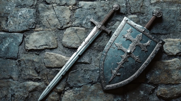 Photo medieval knights sword and shield flat lay photography