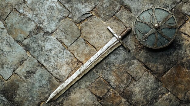 Photo medieval knights sword shield flat lay on stone floor