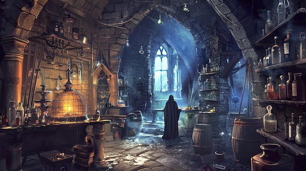 Medieval laboratory apartment for alchemy experiments Deep underground room bottles disorder alchemy equipment dampness Researchers room hidden from prying eyes concept Generative by AI