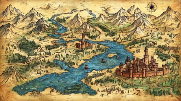 Photo medieval map with castles rivers mountains and trade routes